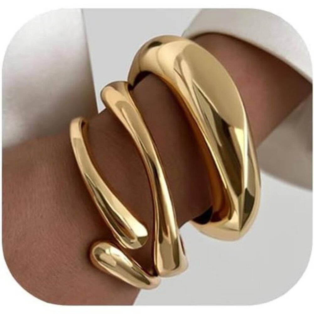 Chunky Gold Bangle Bracelets Set for Women 14K Gold Plated Stackable Cuff Jewelr